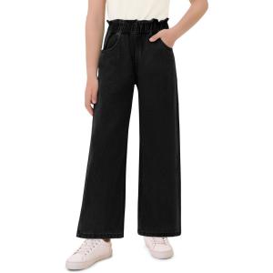Haloumoning Girls Cute Wide Leg Flared Jeans Kids Oversized Elastic Waist Paper Bag Pants with Pockets 5-14 Years(Black)