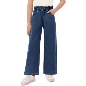 Haloumoning Girls Cute Wide Leg Flared Jeans Kids Oversized Elastic Waist Paper Bag Pants with Pockets 5-14 Years(Navy)