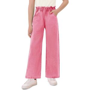 Haloumoning Girls Cute Wide Leg Flared Jeans Kids Oversized Elastic Waist Paper Bag Pants with Pockets 5-14 Years(Rose Red)
