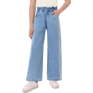 Haloumoning Girls Cute Wide Leg Flared Jeans Kids Oversized Elastic Waist Paper Bag Pants with Pockets 5-14 Years(Wash Blue)