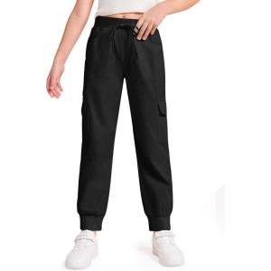 Haloumoning Girls Drawstring Cargo Jogger Pants Kids Quick Dry Slim Fit Sweatpants with Pockets 5-14Years(Black)