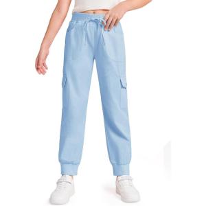 Haloumoning Girls Drawstring Cargo Jogger Pants Kids Quick Dry Slim Fit Sweatpants with Pockets 5-14Years(Blue)