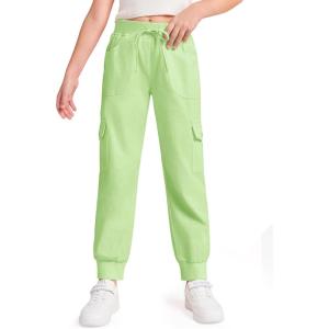 Haloumoning Girls Drawstring Cargo Jogger Pants Kids Quick Dry Slim Fit Sweatpants with Pockets 5-14Years(Green)
