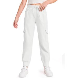 Haloumoning Girls Drawstring Cargo Jogger Pants Kids Quick Dry Slim Fit Sweatpants with Pockets 5-14Years(White)