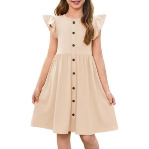Haloumoning Girls Dress Kids Flutter Sleeve A-Line Button Down Sundress Casual Midi Dresses 5-14 Years(Beige)