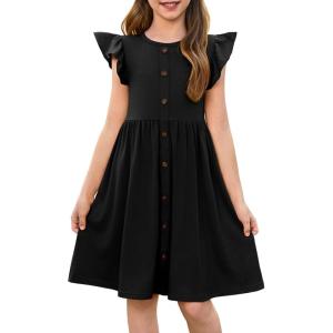 Haloumoning Girls Dress Kids Flutter Sleeve A-Line Button Down Sundress Casual Midi Dresses 5-14 Years(Black)