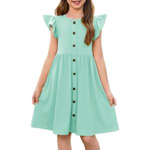Haloumoning Girls Dress Kids Flutter Sleeve A-Line Button Down Sundress Casual Midi Dresses 5-14 Years(Mint Green)