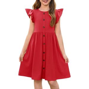 Haloumoning Girls Dress Kids Flutter Sleeve A-Line Button Down Sundress Casual Midi Dresses 5-14 Years(Red)
