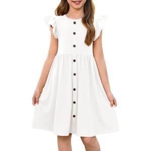 Haloumoning Girls Dress Kids Flutter Sleeve A-Line Button Down Sundress Casual Midi Dresses 5-14 Years(White)