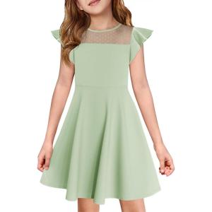 Haloumoning Girls Dress Summer Ruffle Sleeve Mesh A Line Casual Party Dresses with Pockets for Kids 4-14 Years(Light Green)