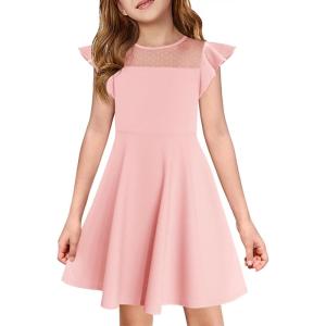 Haloumoning Girls Dress Summer Ruffle Sleeve Mesh A Line Casual Party Dresses with Pockets for Kids 4-14 Years(Light Pink)