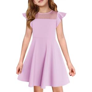 Haloumoning Girls Dress Summer Ruffle Sleeve Mesh A Line Casual Party Dresses with Pockets for Kids 4-14 Years(Light Purple)