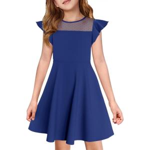 Haloumoning Girls Dress Summer Ruffle Sleeve Mesh A Line Casual Party Dresses with Pockets for Kids 4-14 Years(Navy Blue)