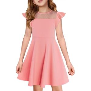 Haloumoning Girls Dress Summer Ruffle Sleeve Mesh A Line Casual Party Dresses with Pockets for Kids 4-14 Years(Pink)