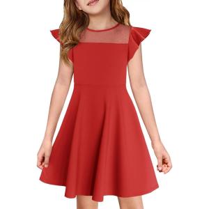 Haloumoning Girls Dress Summer Ruffle Sleeve Mesh A Line Casual Party Dresses with Pockets for Kids 4-14 Years(Red)