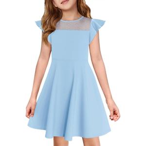 Haloumoning Girls Dress Summer Ruffle Sleeve Mesh A Line Casual Party Dresses with Pockets for Kids 4-14 Years(Sky Blue)