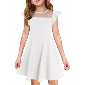 Haloumoning Girls Dress Summer Ruffle Sleeve Mesh A Line Casual Party Dresses with Pockets for Kids 4-14 Years(White)