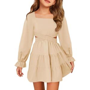 Haloumoning Girls Dresses Long Sleeve Square Neck Crossover Waist Casual A-Line Fall Dress 5-14Y(Beige)