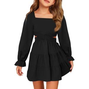 Haloumoning Girls Dresses Long Sleeve Square Neck Crossover Waist Casual A-Line Fall Dress 5-14Y(Black)