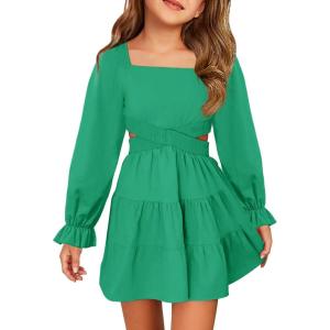Haloumoning Girls Dresses Long Sleeve Square Neck Crossover Waist Casual A-Line Fall Dress 5-14Y(Green)