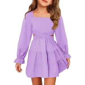 Haloumoning Girls Dresses Long Sleeve Square Neck Crossover Waist Casual A-Line Fall Dress 5-14Y(Light Purple)