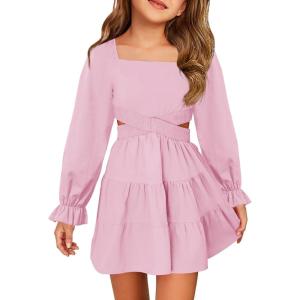 Haloumoning Girls Dresses Long Sleeve Square Neck Crossover Waist Casual A-Line Fall Dress 5-14Y(Nude Pink)