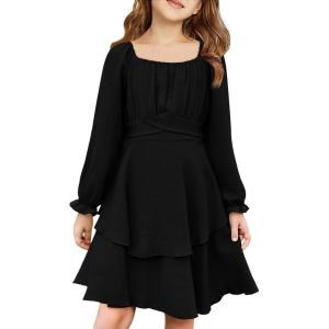 Haloumoning Girls Fall Dress Long Sleeve Off Shoulder Puff Sleeve Ruffle Tiered Layer Party Dresses 7-14 Years(Black)