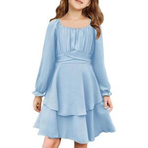 Haloumoning Girls Fall Dress Long Sleeve Off Shoulder Puff Sleeve Ruffle Tiered Layer Party Dresses 7-14 Years(Blue)