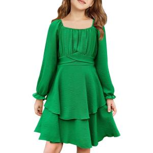 Haloumoning Girls Fall Dress Long Sleeve Off Shoulder Puff Sleeve Ruffle Tiered Layer Party Dresses 7-14 Years(Green)