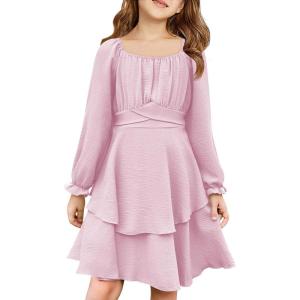 Haloumoning Girls Fall Dress Long Sleeve Off Shoulder Puff Sleeve Ruffle Tiered Layer Party Dresses 7-14 Years(Pink)