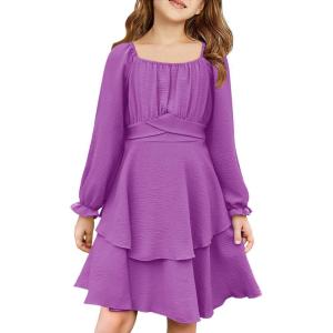 Haloumoning Girls Fall Dress Long Sleeve Off Shoulder Puff Sleeve Ruffle Tiered Layer Party Dresses 7-14 Years(Purple)