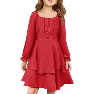 Haloumoning Girls Fall Dress Long Sleeve Off Shoulder Puff Sleeve Ruffle Tiered Layer Party Dresses 7-14 Years(Red)