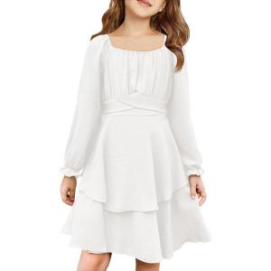 Haloumoning Girls Fall Dress Long Sleeve Off Shoulder Puff Sleeve Ruffle Tiered Layer Party Dresses 7-14 Years(White)