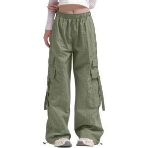 Haloumoning Girls Parachute Pants Kids Wide Leg Cargo Pants Y2K Street Trousers with Pockets 5-14 Years(Army Green)