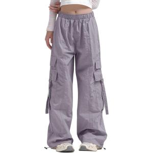 Haloumoning Girls Parachute Pants Kids Wide Leg Cargo Pants Y2K Street Trousers with Pockets 5-14 Years(Grayish Purple)