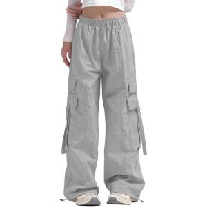 Haloumoning Girls Parachute Pants Kids Wide Leg Cargo Pants Y2K Street Trousers with Pockets 5-14 Years(Grey)