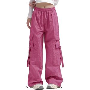 Haloumoning Girls Parachute Pants Kids Wide Leg Cargo Pants Y2K Street Trousers with Pockets 5-14 Years(Hot Pink)