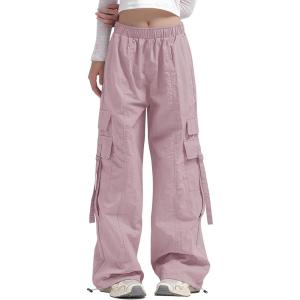 Haloumoning Girls Parachute Pants Kids Wide Leg Cargo Pants Y2K Street Trousers with Pockets 5-14 Years(Pink)