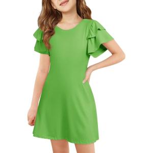 Haloumoning Girls Ruffle Sleeve Dresses Kids Summer Crewneck A Line Casual Dress 5-14 Years(Green)