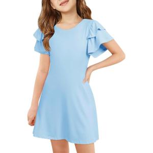 Haloumoning Girls Ruffle Sleeve Dresses Kids Summer Crewneck A Line Casual Dress 5-14 Years(Light Blue)