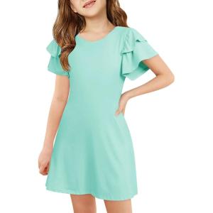 Haloumoning Girls Ruffle Sleeve Dresses Kids Summer Crewneck A Line Casual Dress 5-14 Years(Mint Green)