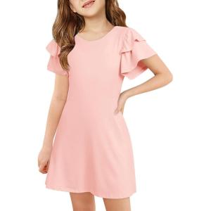 Haloumoning Girls Ruffle Sleeve Dresses Kids Summer Crewneck A Line Casual Dress 5-14 Years(Pink)