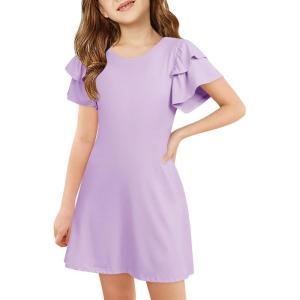 Haloumoning Girls Ruffle Sleeve Dresses Kids Summer Crewneck A Line Casual Dress 5-14 Years(Purple)
