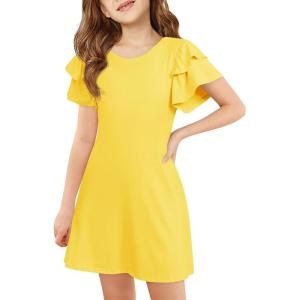 Haloumoning Girls Ruffle Sleeve Dresses Kids Summer Crewneck A Line Casual Dress 5-14 Years(Yellow)
