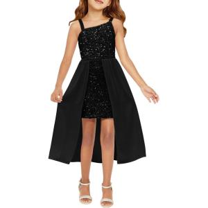 Haloumoning Girls Sequin Dress Kids Formal Sparkly One Shoulder Prom Party Dresses 4-14 Years(Black)