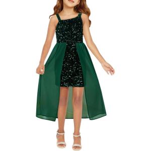 Haloumoning Girls Sequin Dress Kids Formal Sparkly One Shoulder Prom Party Dresses 4-14 Years(Green)