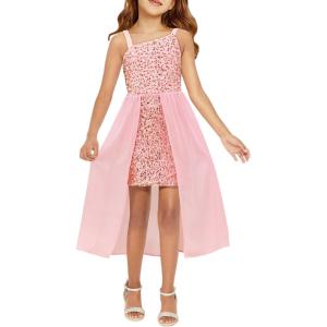 Haloumoning Girls Sequin Dress Kids Formal Sparkly One Shoulder Prom Party Dresses 4-14 Years(Pink)