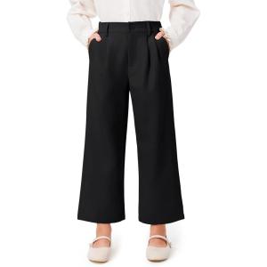 Haloumoning Girls Uniform Pants Kids High Waisted Wide Leg Dress Pants Casual Trousers with Pockets 5-14 Years(Black)