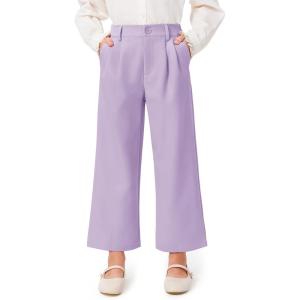Haloumoning Girls Uniform Pants Kids High Waisted Wide Leg Dress Pants Casual Trousers with Pockets 5-14 Years(Purple)