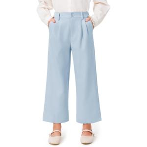Haloumoning Girls Uniform Pants Kids High Waisted Wide Leg Dress Pants Casual Trousers with Pockets 5-14 Years(Sky Blue)